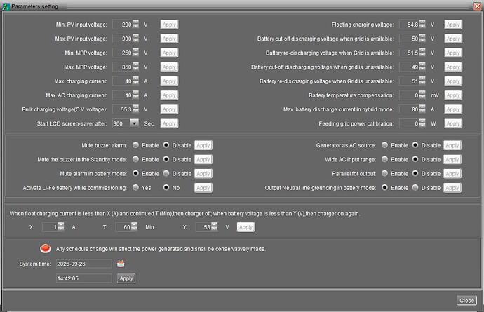 Parameters setings